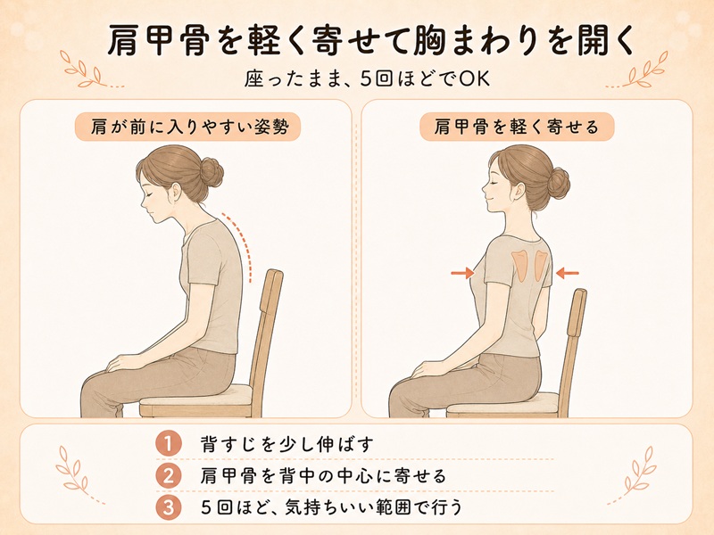 肩甲骨を軽く寄せて胸まわりを開く運動