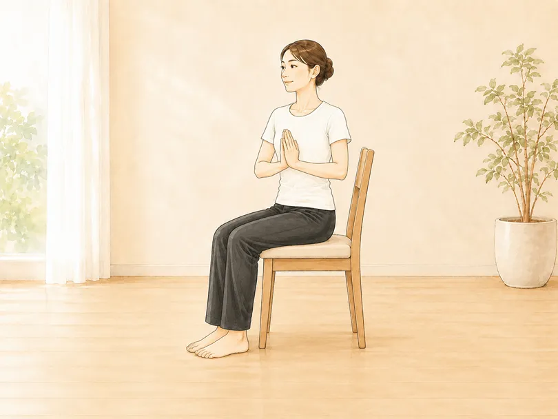 椅子ヨガを始めようとして椅子に座っている女性