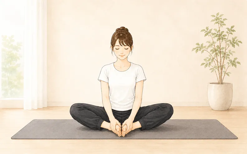 ヨガポーズ がっせきのポーズで、座った状態でつま先を抱えている
