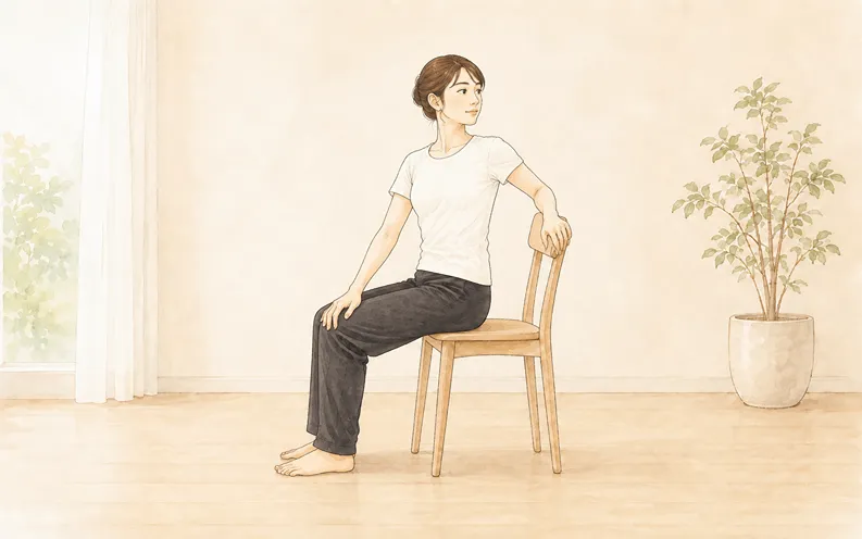 椅子ヨガ ねじりのポーズで、後ろを見るように体をねじっているポーズ