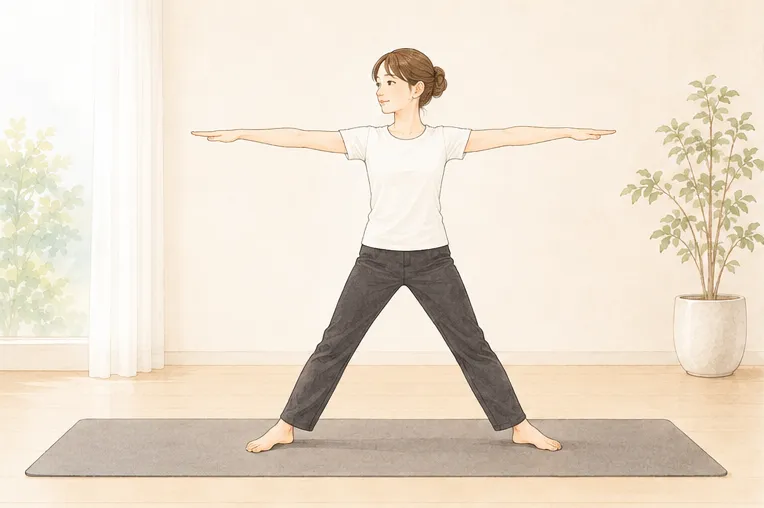 ヨガポーズ 三角のポーズで両足を開き両腕を肩の高さにあげている姿勢