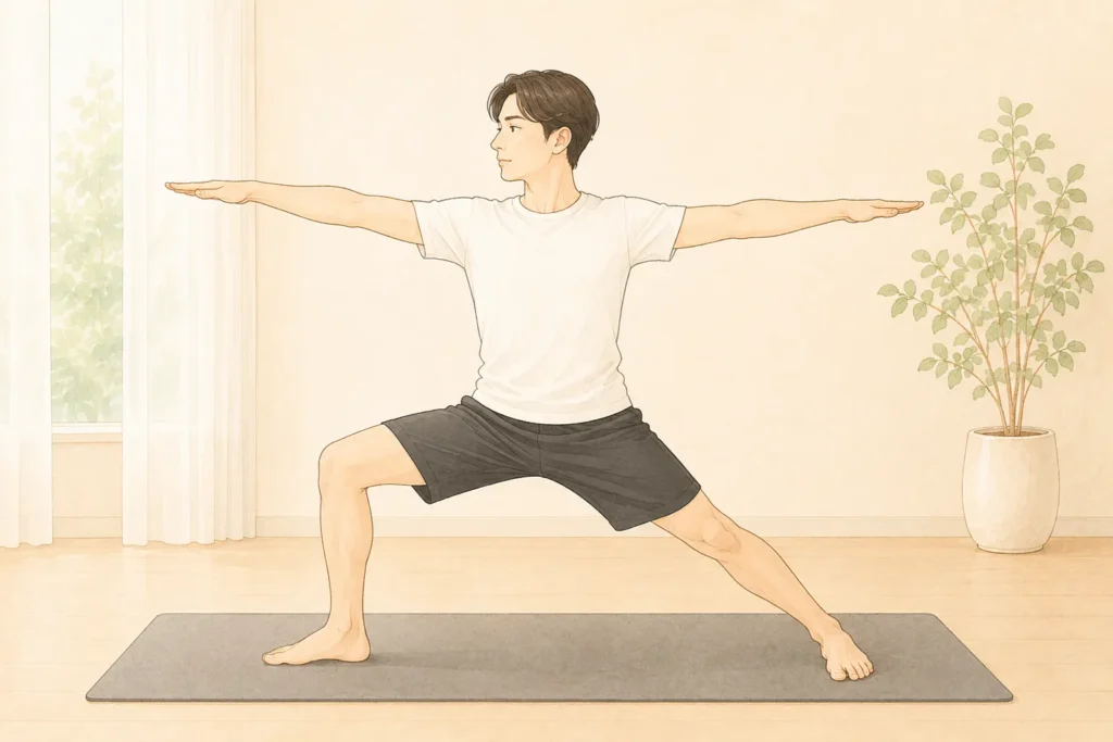 ヨガの英雄のポーズをとる男性の画像