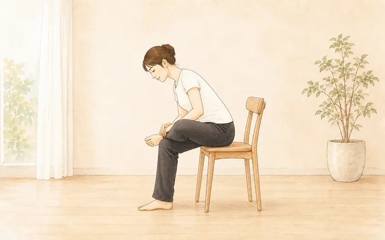 椅子ヨガ 四の字のポーズで、足を組んだ状態で上半身を前に倒している姿勢