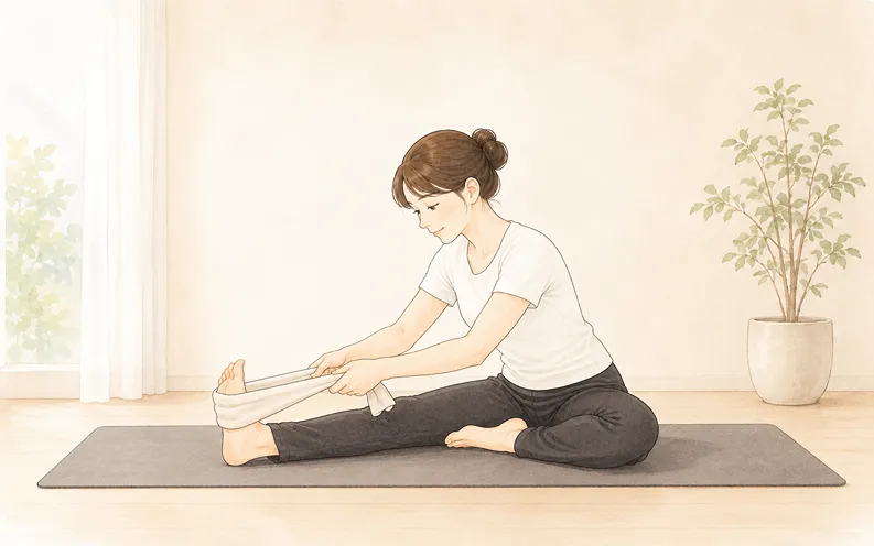 ヨガポーズ 前屈の姿勢が苦しい場合は伸ばした足にタオルをひっかけて両手でタオルを持っている初心者向けの姿勢