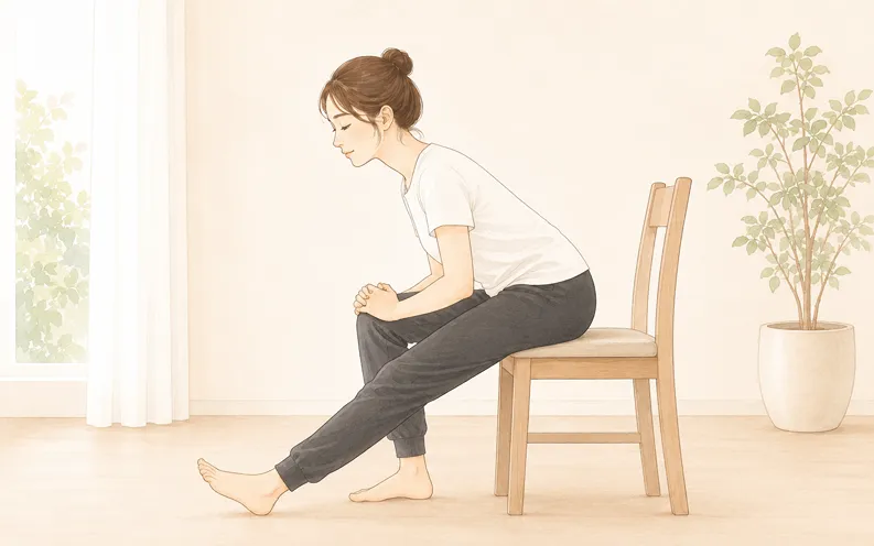 椅子ヨガ 椅子に座ったもも裏伸ばしのポーズをとる女性