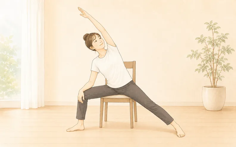 椅子を支えに立位の体側伸ばしをする女性