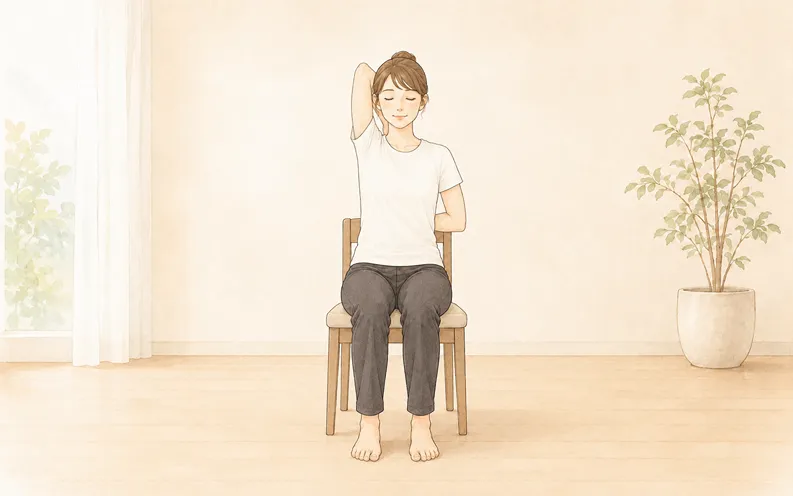 椅子ヨガ 牛の顔のポーズをとっている女性