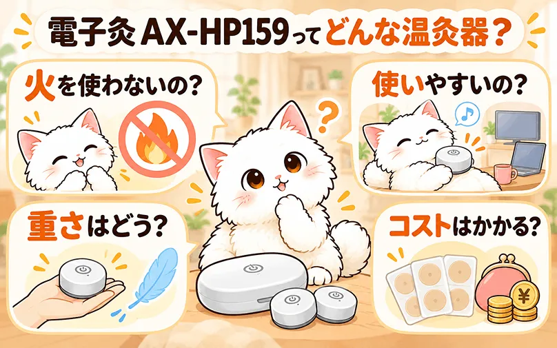 電子灸AX-HP159の火・使いやすさ・重さ・コストを紹介する図解