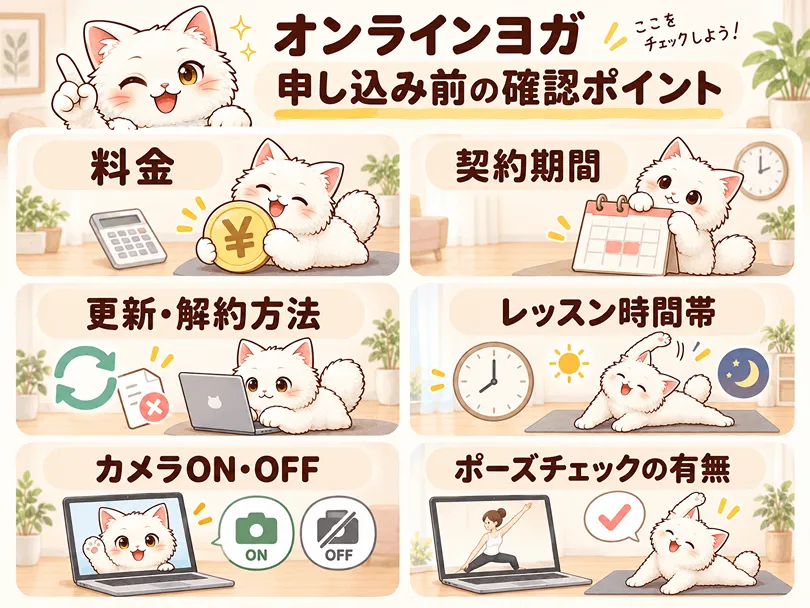 オンラインヨガ申込み前の料金・契約期間・解約方法・レッスン時間帯・カメラ設定・ポーズチェックの確認図