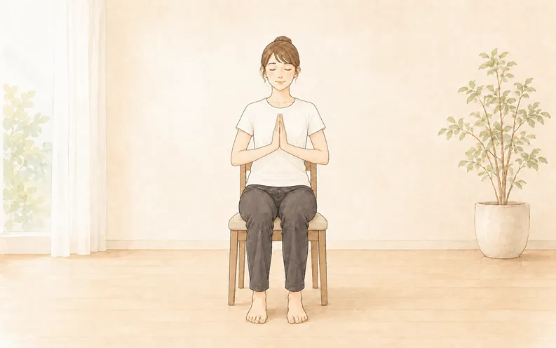 椅子に座って合掌して椅子ヨガを開始する女性