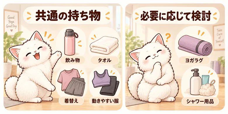 ヨガスタジオに持っていったらいい持ちものと検討する持ちものの図解