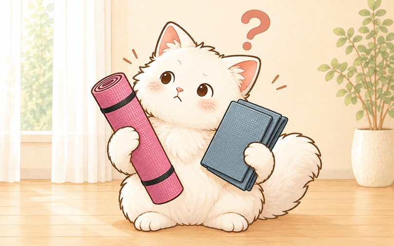 折り畳みと普通のヨガマットを悩むズボラケアの猫