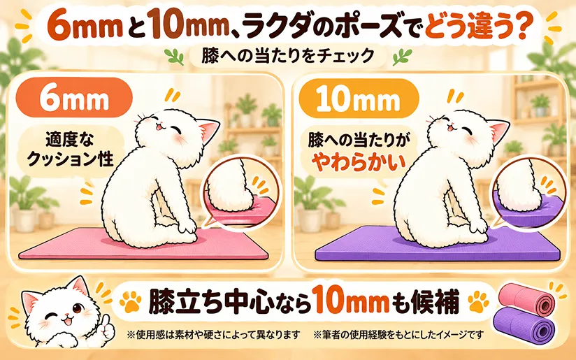 ヨガのラクダのポーズをした際に、ヨガマットの6mmと10mmの比較画像