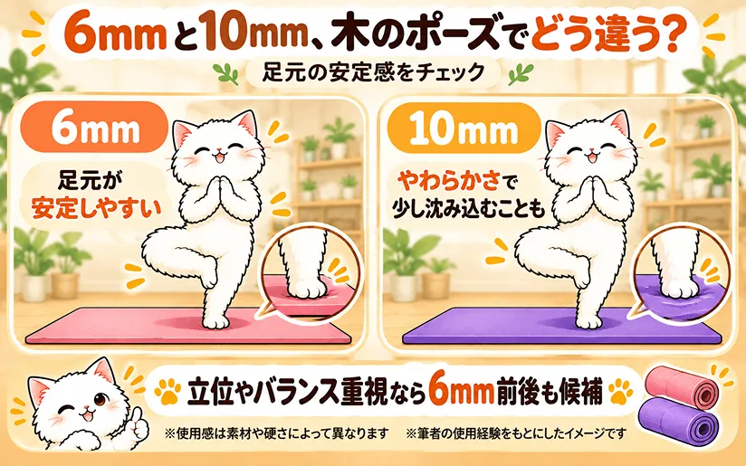 ヨガの木のポーズをした際に、ヨガマットの6mmと10mmの比較画像