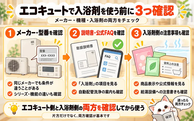エコキュートで入浴剤を使う前に確認する3つのポイントの図解