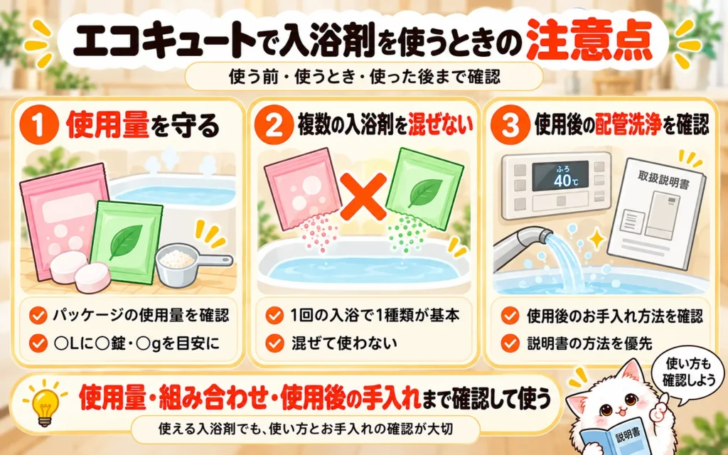 エコキュートで入浴剤を使う際の注意点の図解
