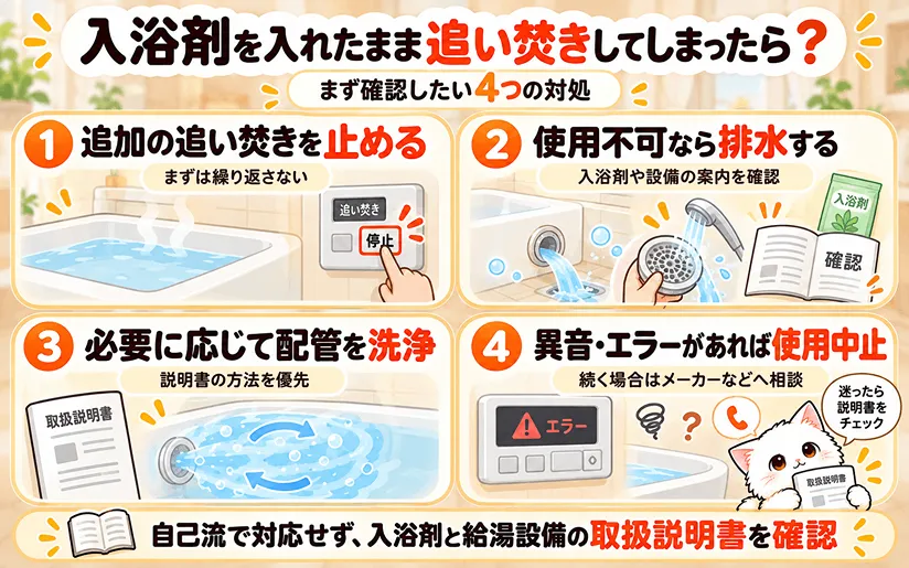 入浴剤を入れたまま追い焚きしてしまった場合の対処法