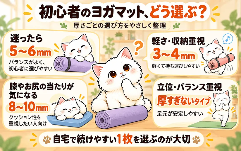 ヨガマットのどう選べばいいかを示した猫の画像