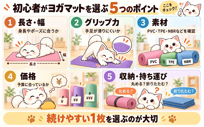 ヨガマットを選ぶ際の5つのポイントの図解